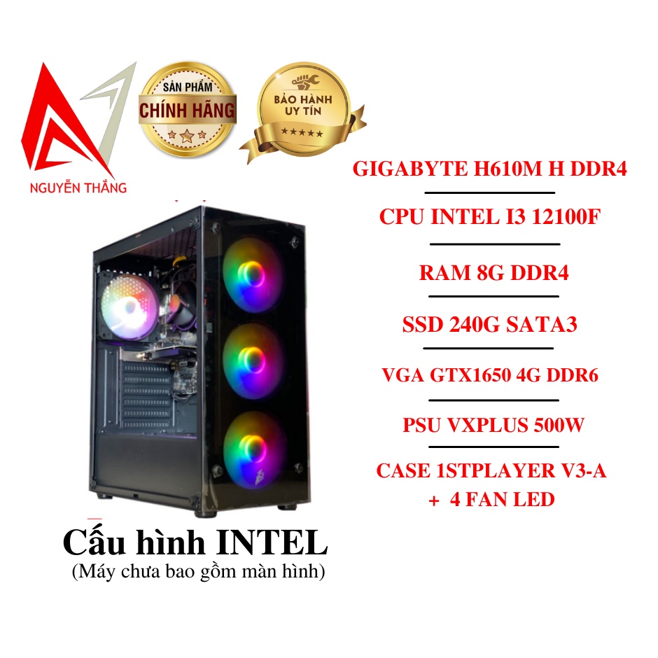 Thùng PC GAMING INTEL ALDER LAKE I3 THẾ HỆ 12 (H610 - I3 12100F - 8G - GTX1650 4G ) new chính hãng