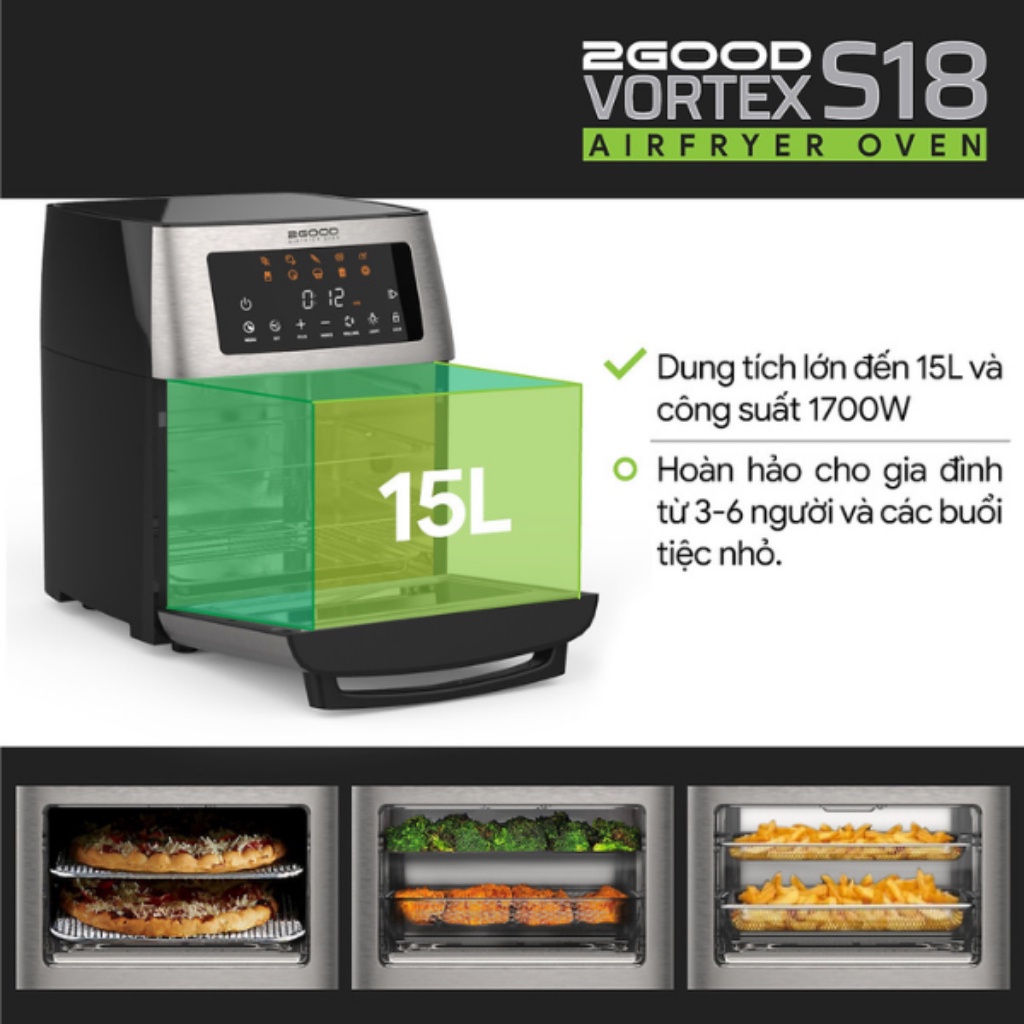 Nồi chiên không dầu, nồi nướng bánh 2GOOD Vortex S-18 Air Fryer Oven dung tích 15 lít, chất liệu inox sang trọng