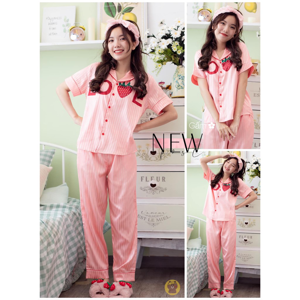 [ Gấm Loại 1] Bộ Đồ Ngủ Nữ Gấm Thời Trang Love-Dâu,Hàng May  Kĩ Mềm Mại-Mát Tay-Không Nhăn | BigBuy360 - bigbuy360.vn