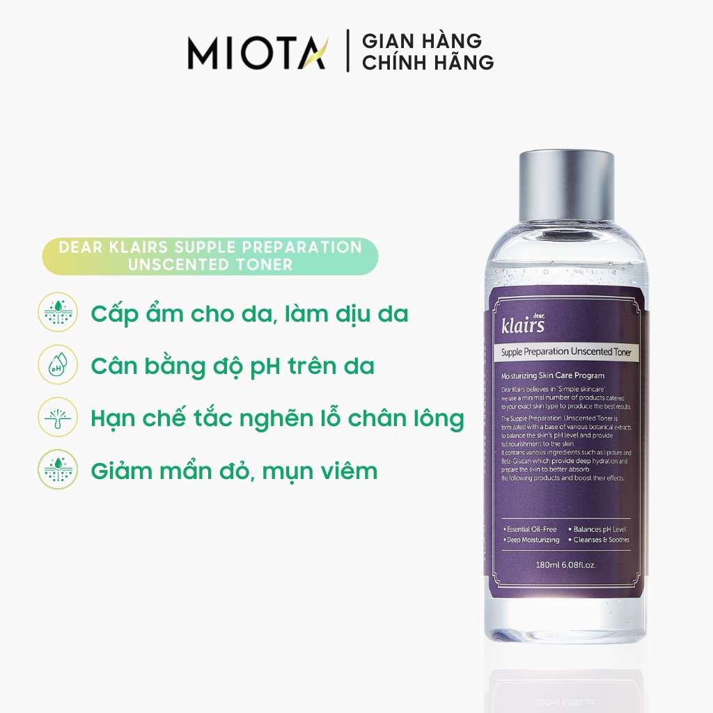 Nước hoa hồng không mùi dưỡng ẩm da và làm mềm da Klairs Supple Preparation Unscented 180ml | WebRaoVat - webraovat.net.vn