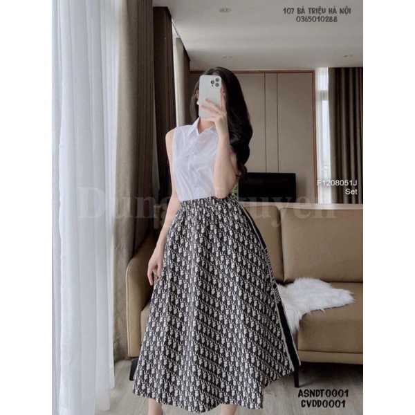 Set chân váy xòe họa tiết áo sơ mi sát nách 1208