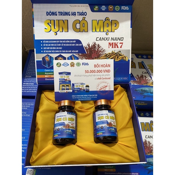 Viên uống Đông trùng hạ thảo Sụn cá mập Canxi nano MK7 - Hộp 2 lọ cao cấp x 30 viên