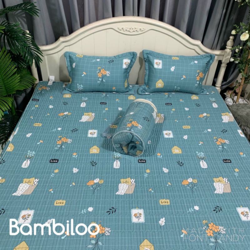 Bộ ga gối trần bông bo chun Bambilo 100% cotton. Gạt trái chọn mẫu