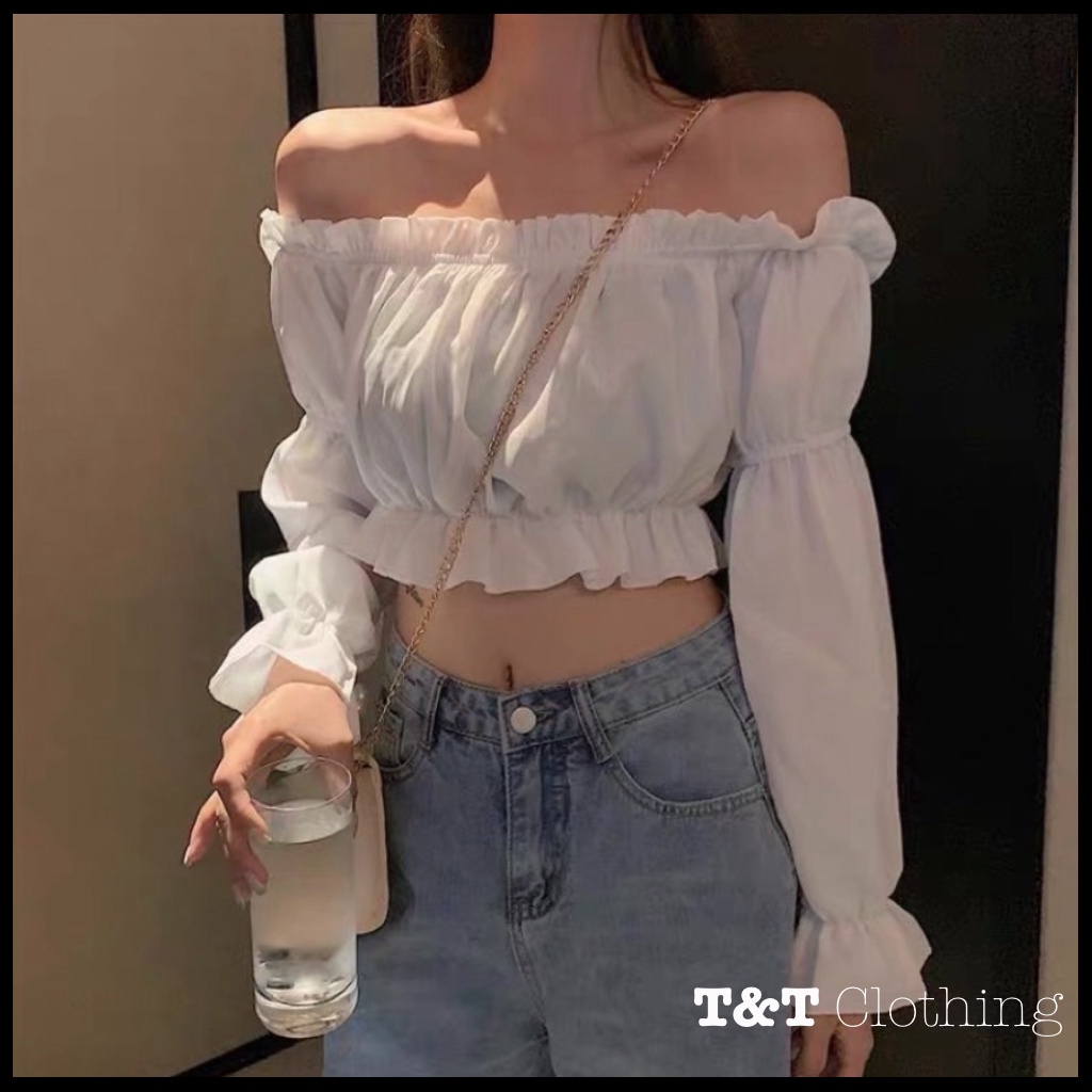 Áo Croptop Trễ Vai nữ chun bồng tay dài | Trễ vai croptop Nữ Tính Ngọt Ngào - AK0005 | 23tshop