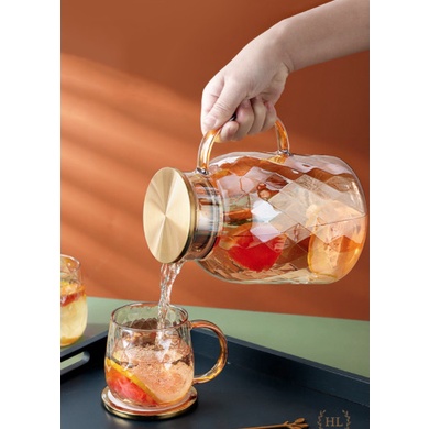 Bộ bình đựng nước uống thủy tinh màu vàng golld sang trọng vân karo chéo
