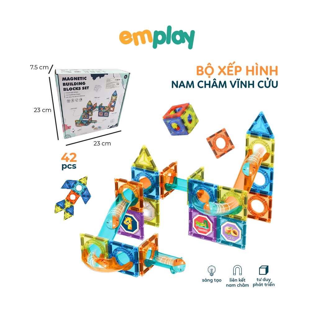 Đồ chơi xếp hình lắp ráp nam châm 42 miếng hình khối cao cấp Emplay giúp bé phát triển tư duy