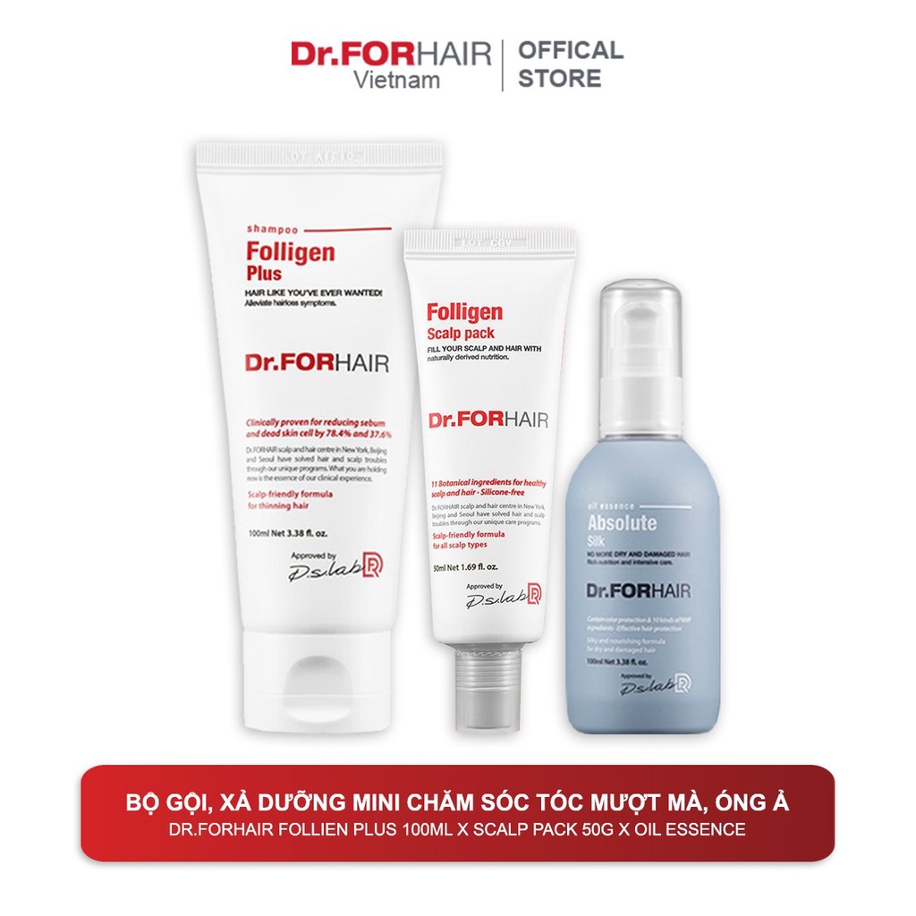 Bộ gội, xả dưỡng mini chăm sóc tóc MƯỢT MÀ, ÓNG Ả của Dr.FORHAIR Follien Plus x Scalp Pack x Oil Essence