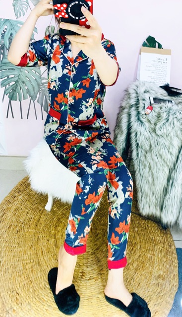 Pijama satin lụa tay ngắn quần dài ngắn phối màu sắc