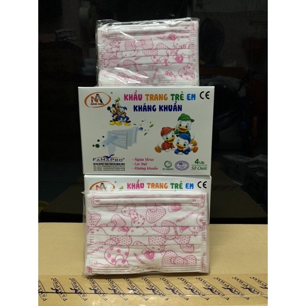 HỘP 50 CÁI KHẨU TRANG Y TẾ EM BÉ MÀU HỒNG FAMAPRO