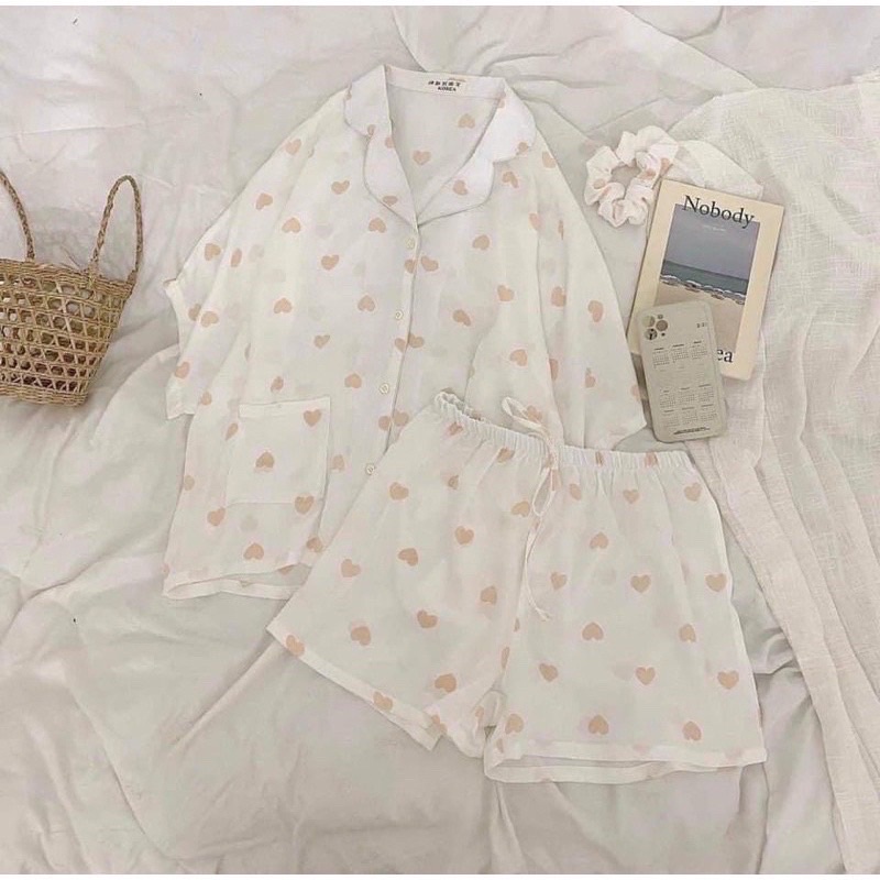 BỘ ĐỒ NGỦ PIJAMA TIM HỒNG 🦋 SET MẶC NHÀ NỮ TIM TO 🦋