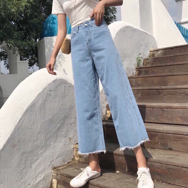 Quần bò ống rộng denim tua gấu