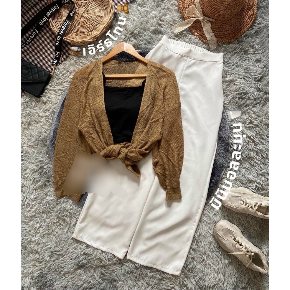 Set áo khoác len Cardigan quần voan dài ống rộng kèm áo bra 2 dây