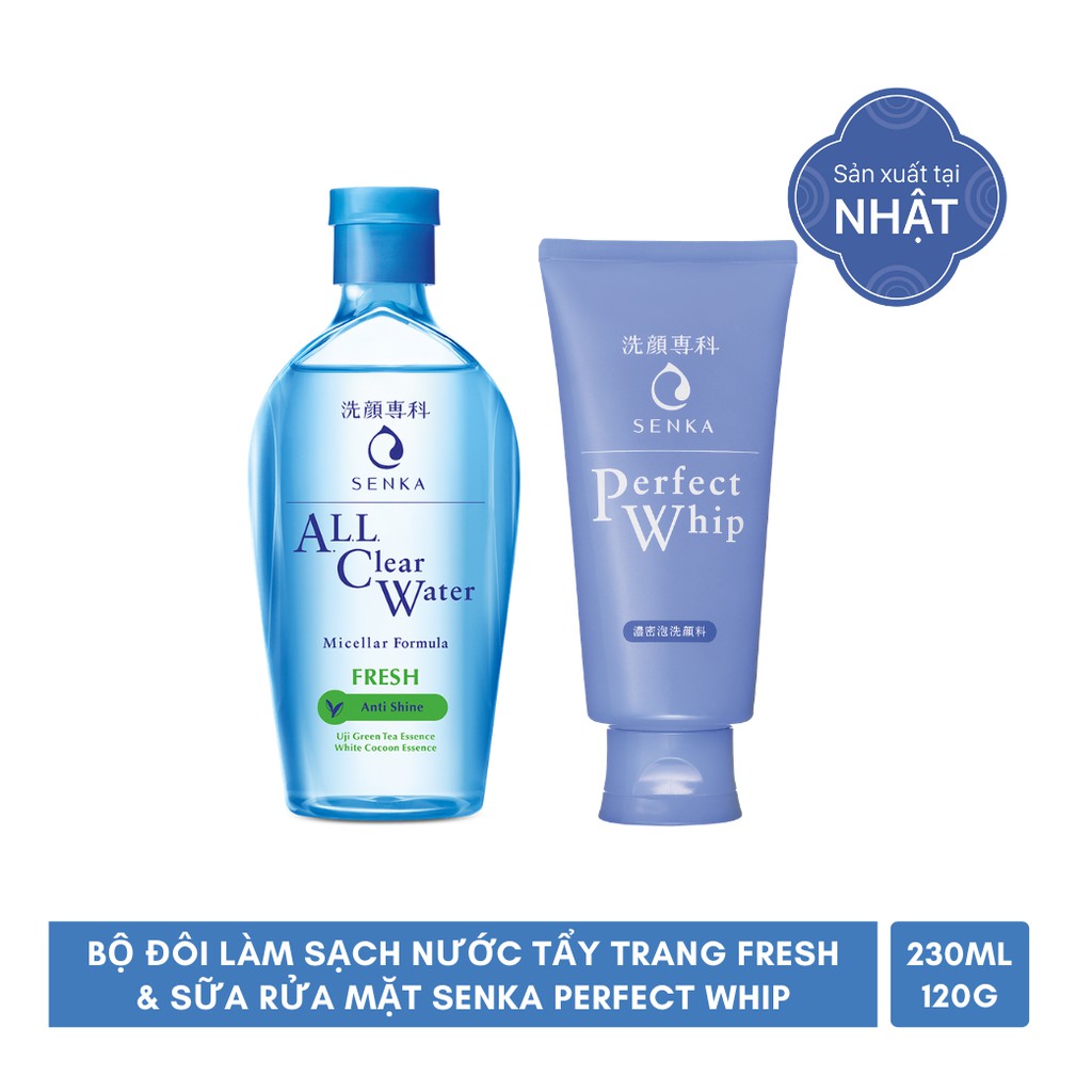 Bộ đôi làm sạch sâu kiểm soát nhờn cho da dầu Nước tẩy trang Fresh 230ml &amp; Sữa rửa mặt Senka Perfect Whip 120g