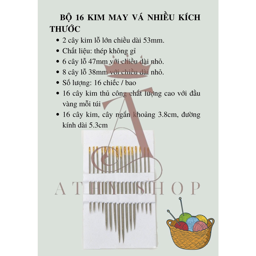 COMBO 16 CÂY KIM VÀNG MAY VÁ, bộ nhiều loại đủ kích cỡ để thêu thùa thủ công, dùng cho thợ chuyên nghiệp gia đình