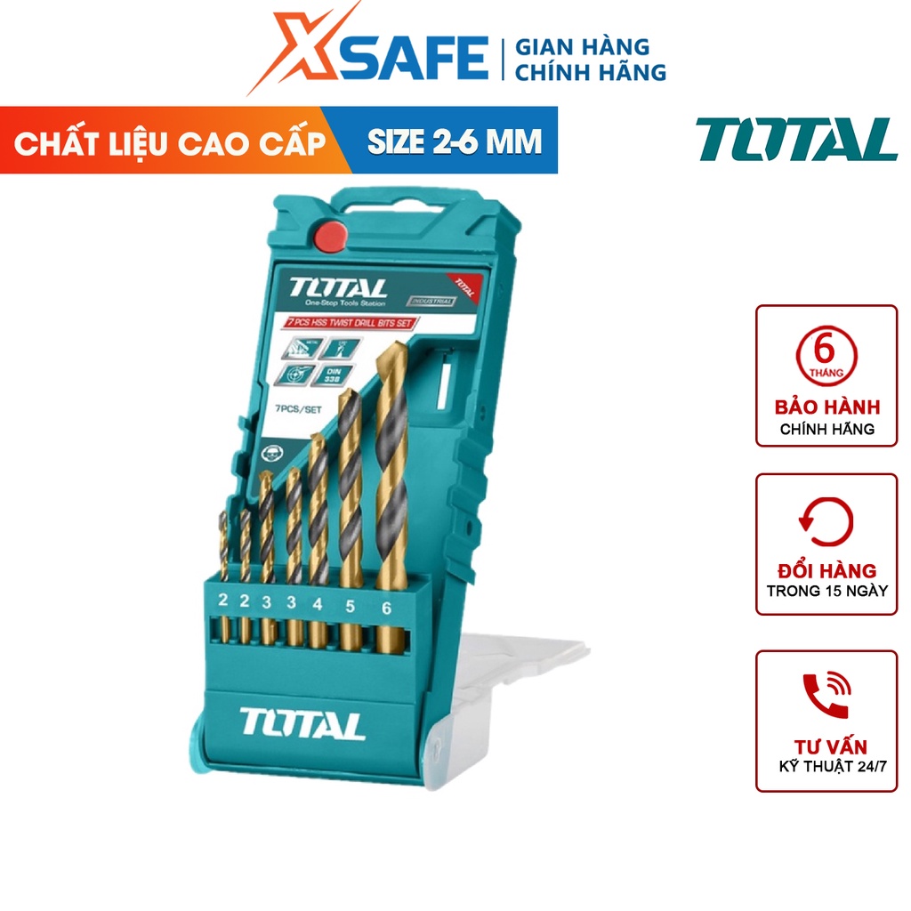 Bộ 7 mũi khoan kim lại hss Total TACSD0075, kích thước 2mm, 2mm, 3mm, 3mm, 4mm, 5mm, 6mm, đóng gói hộp nhựa