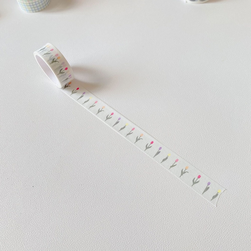Cuộn băng giấy dán washi in hình gấu/ hoa tulip trang trí sổ tay dễ thương DIY