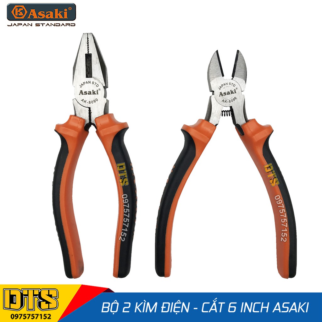 Bộ 2 kìm điện - kìm cắt kiểu Mỹ Asaki A+cut Tech 6 inch/ 150mm, thép High Carbon độ cứng cao