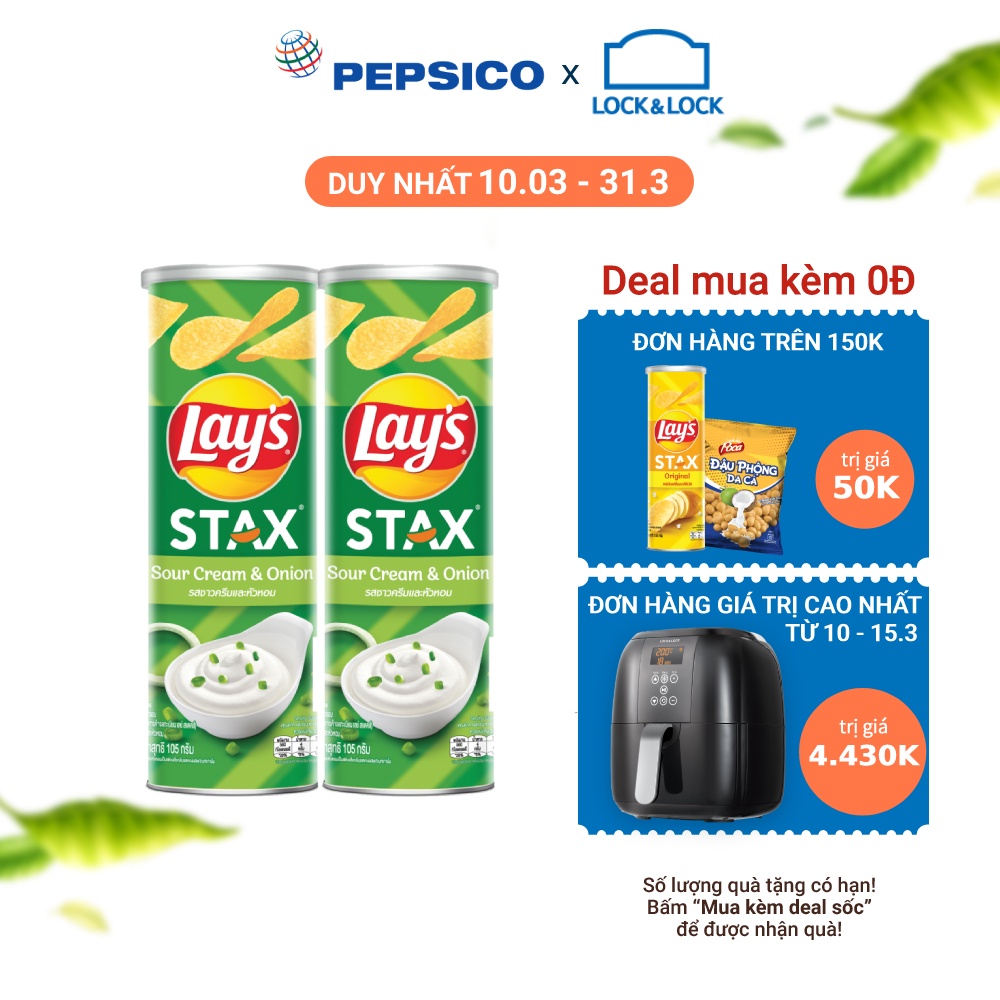 Combo 2 hộp Snack Khoai Tây Ống Lay's Stax vị Kem chua và Hành tây 105g/hộp