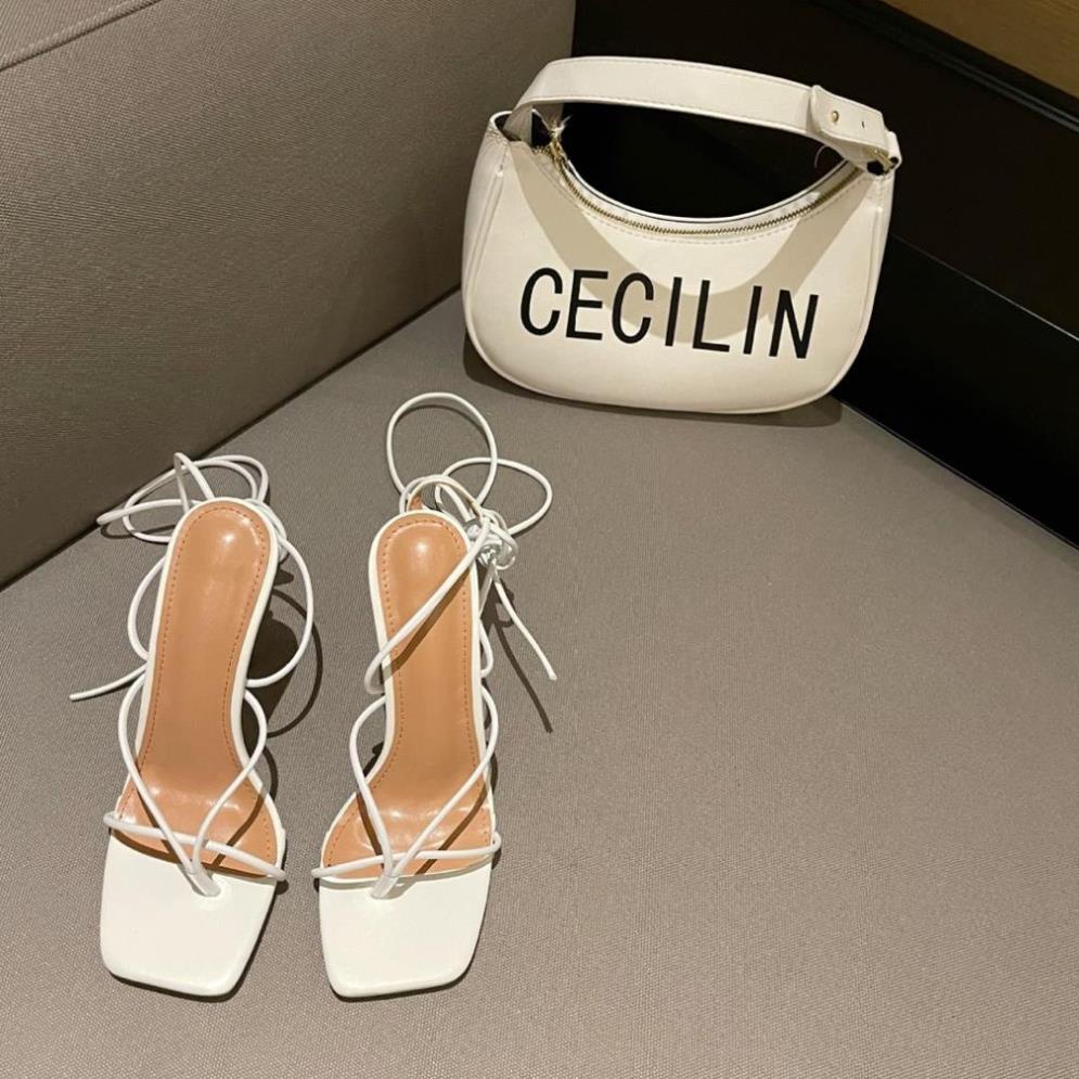 Giày Sandal Buộc Dây MINAFS Guốc Nhọn Đan Mảnh Cột Cao Chiến Binh Gót Và Mũi Vuông 7p 9cm Màu Trắng Đen Xăng Đan Dây { ,