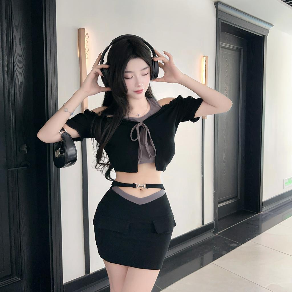 Set Áo Hở Vai Giả Hai Lớp Phối Màu Tương Phản + Chân Váy Thời Trang Mùa Hè Cho Nữ