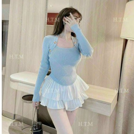 Áo cổ U tay dài  phối nút viền vạt bầu phong cách hiện hàn quốc(A15