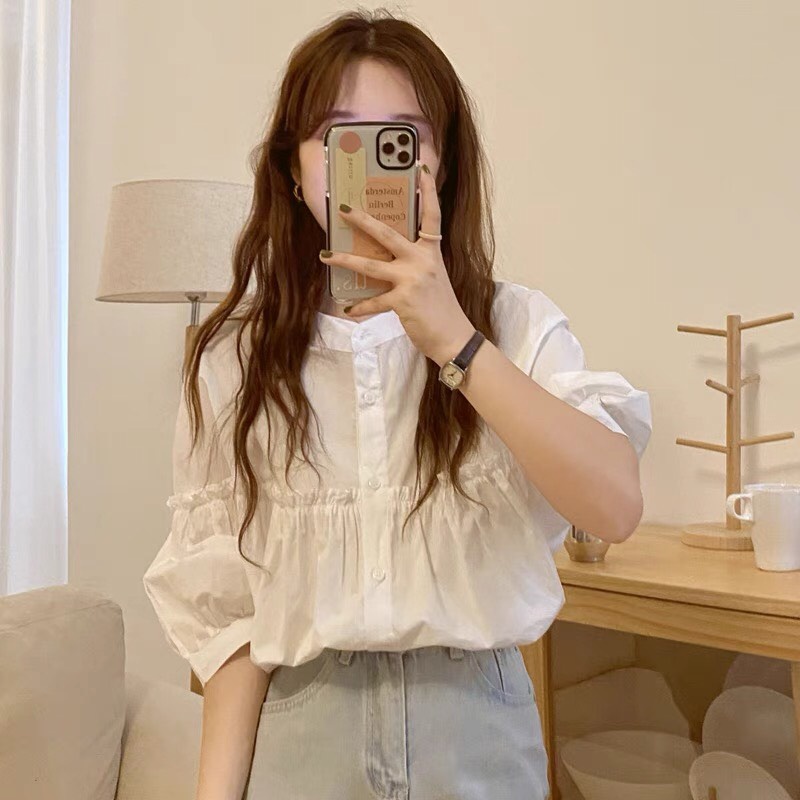 Áo sơ mi nữ trắng tay lửng form rộng phòng cách Hàn Quốc Meisy