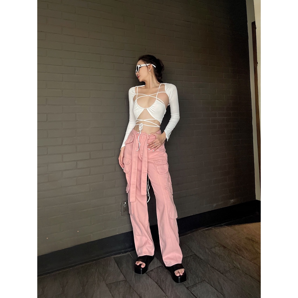 Áo Bra Dây Quấn Tay Dài LSEOUL A2556 Chất Thun Co Dãn Năng Động Hiphop Gợi Cảm