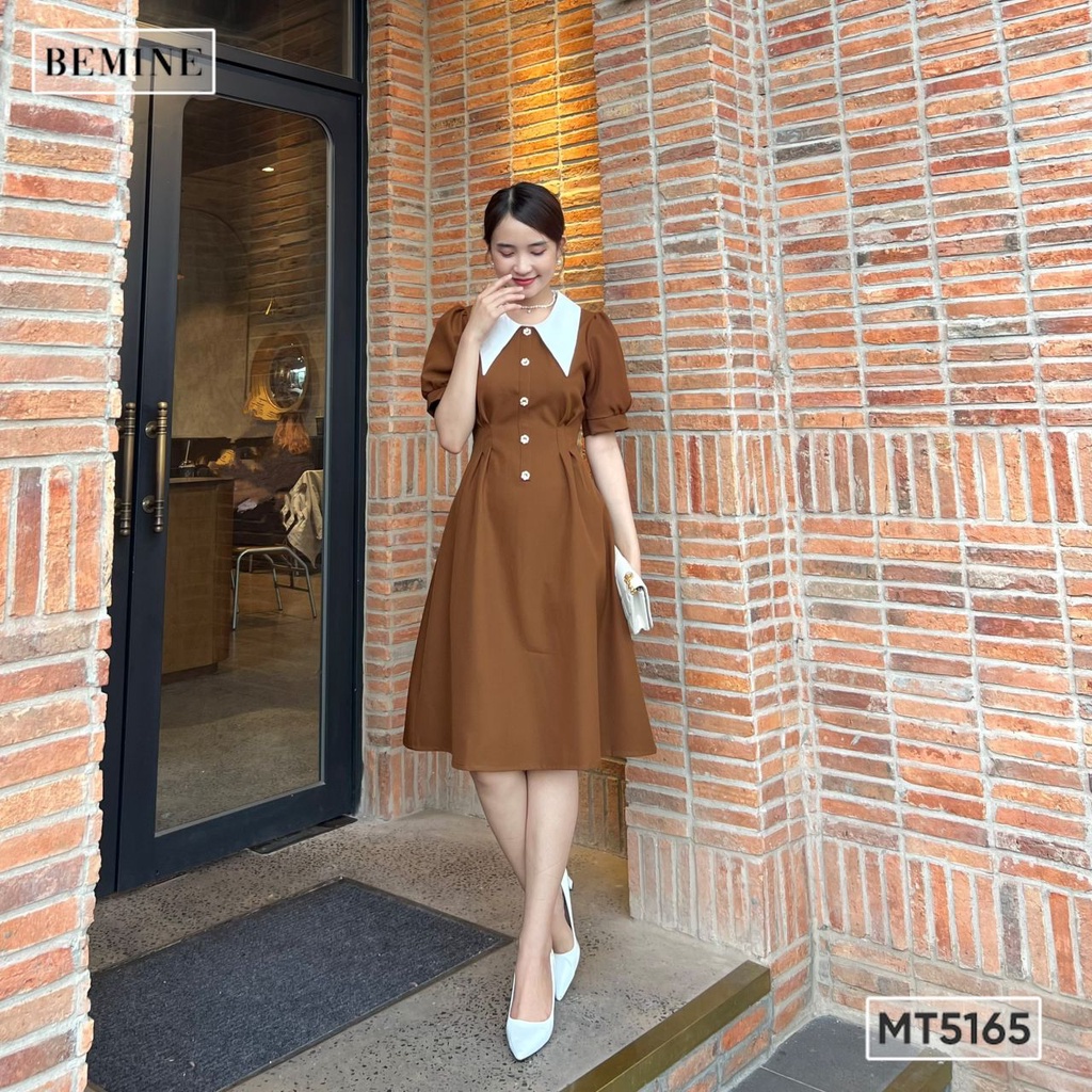 Đầm sơ mi cổ nhọn tùng ly BEMINE MT5165NAU