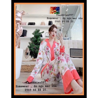 Pijama tay dài hoa hoè chim chít tông hồng lụa xước tô châu