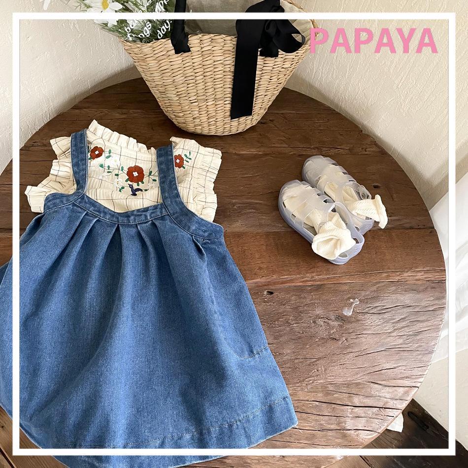 Bộ Áo Nhún Bèo + Chân Váy Yếm Denim Thời Trang Cho Bé Gái