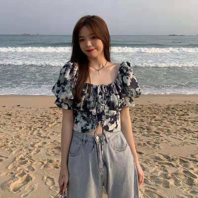 Áo croptop BH nhuộm màu ống tay phồng thời trang mùa hè 2021 cho nữ