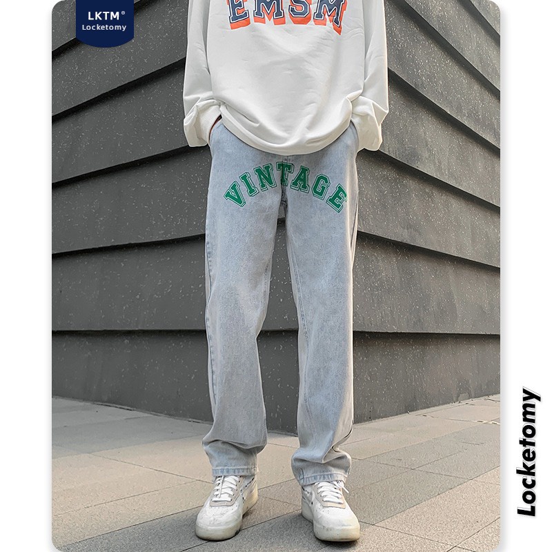 Quần jeans ống suông Hàn Quốc #G087 họa tiết Vintage