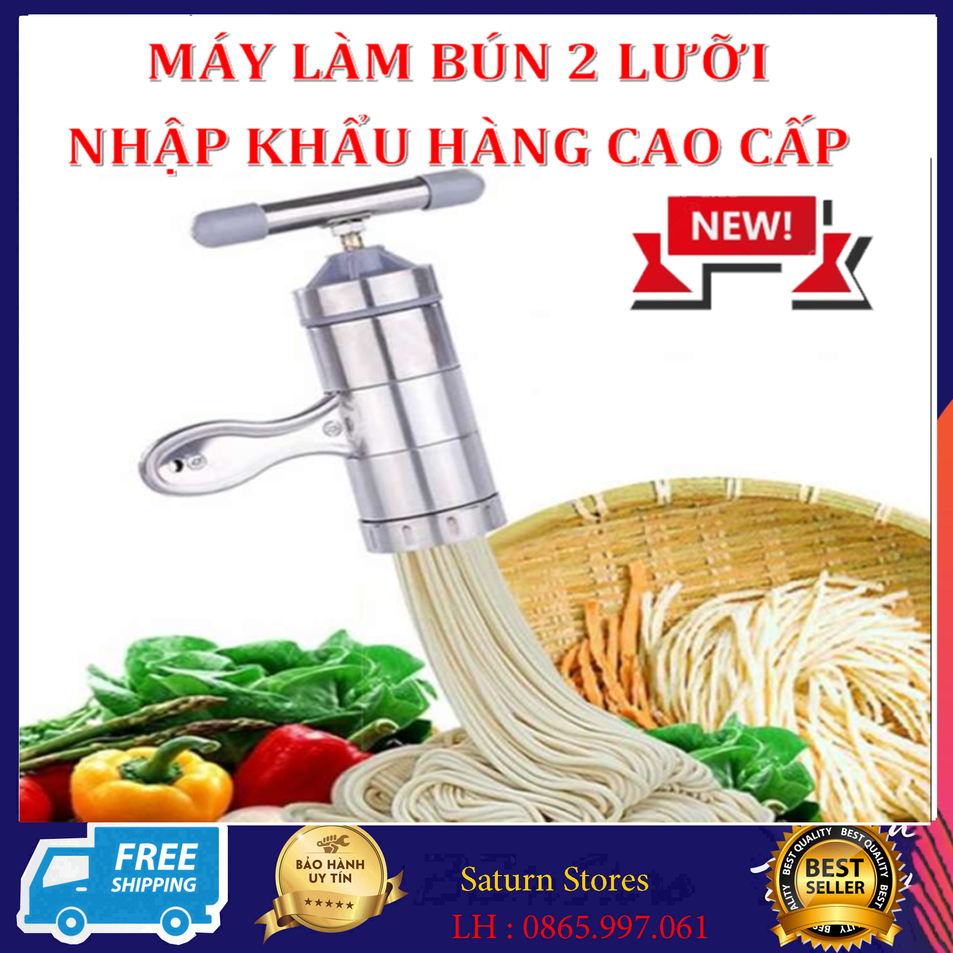 Dụng cụ ép bún bằng tay , Máy làm bún 2 lưỡi tại nhà đa năng , Chất liệu inox cao cấp không gỉ sáng bóng