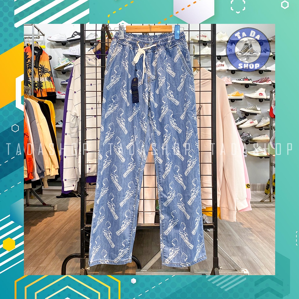 Quần jeans xuông ống rộng họa tiết Súng Quảng Châu chuẩn đẹp loại 1 full tag mác