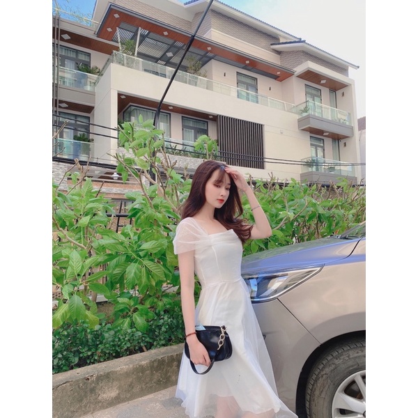 Đầm trễ vai phối lưới, đầm dự tiệc ảnh chụp thật