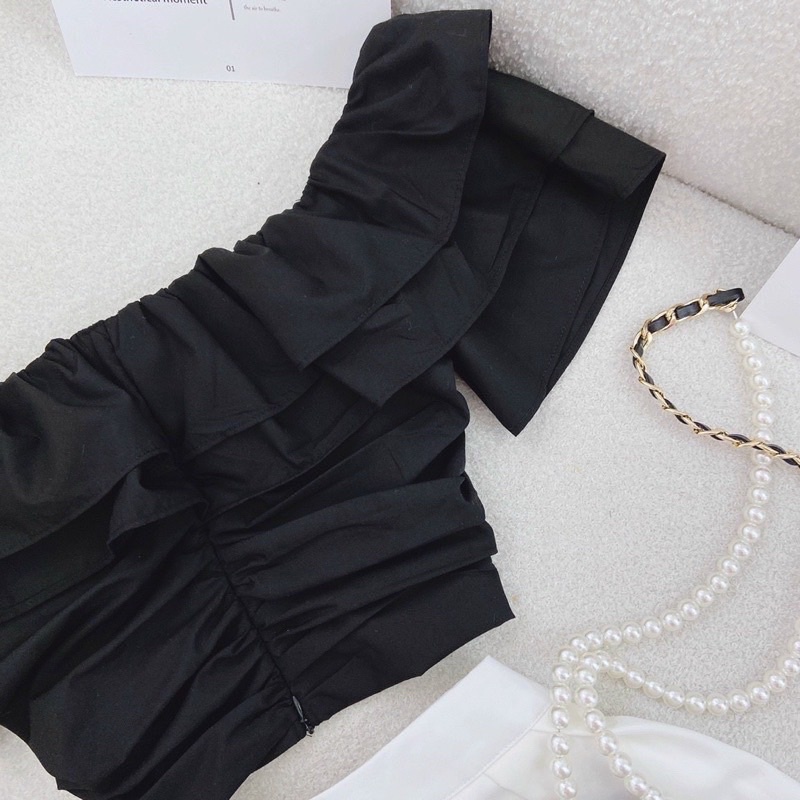 SET ÁO KIỂU CROPTOP NHÚN BÈO TẦNG KÈM CHÂN VÁY