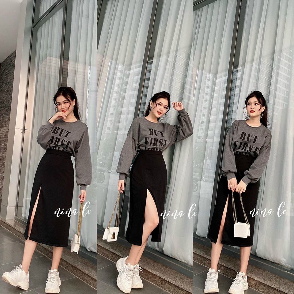 CHÂN VÁY THUN GÂN MIDI XẺ ĐÙI