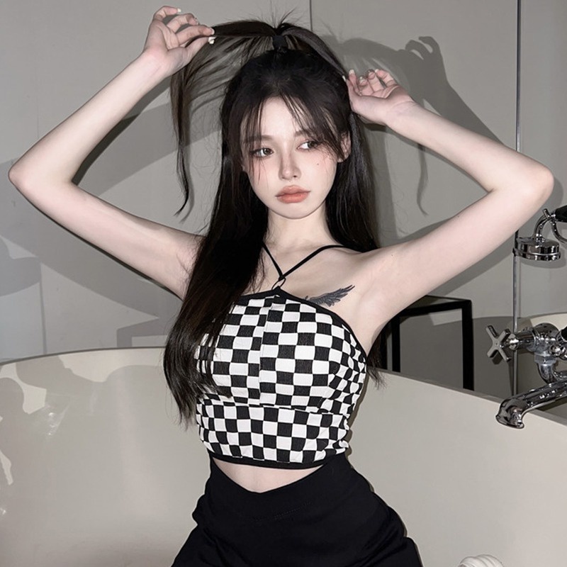 Áo Croptop Dệt Kim Sát Nách Kẻ Sọc Ca Rô Ôm Dáng Cá Tính Cho Nữ