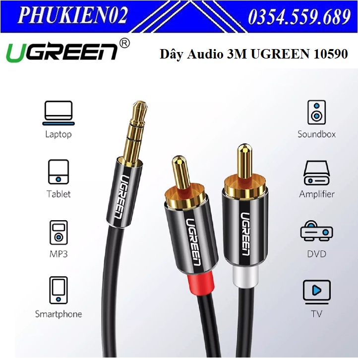 Cáp Audio 3,5mm ra 2 đầu RCA dài 3m Ugreen 10590 kết nối máy nghe nhạc, điện thoại ra loa hay dàn âm thanh