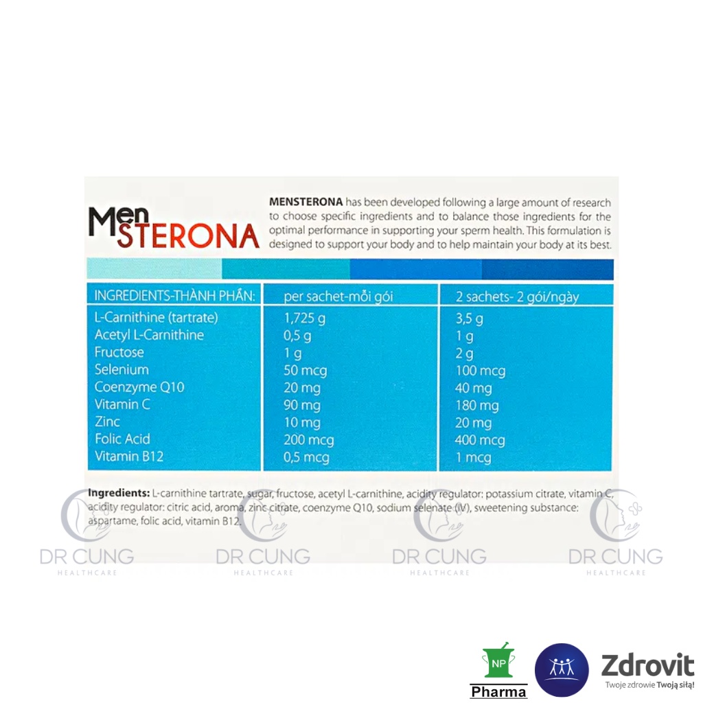Bác Sĩ Cung Mensterona - Bổ Tinh Trùng, Tăng Cường Sinh Lý Nam, Tăng Sức Đề Kháng, Tăng Thụ Thai (Hộp 30 gói)