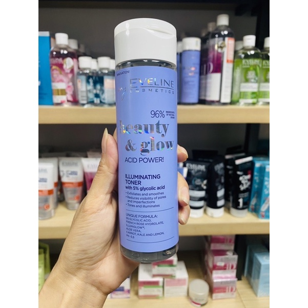 Nước hoa hồng Eveline Beauty &amp; Glow làm sáng da Glycolic axit 200ML