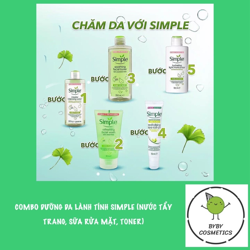 Set làm sạch da: Sữa rửa mặt, Tẩy trang, Nước hoa hồng Simple sạch sâu, dịu nhẹ da nhạy cảm