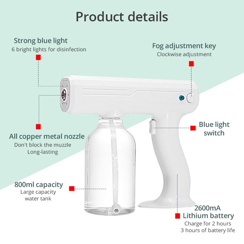 Súng phun khử khuẩn FONKEN nano ánh sáng xanh không dây cổng sạc Type-C