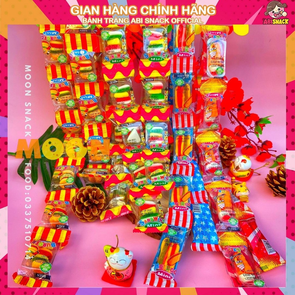 1 dây gồm 10 gói Kẹo Dẻo Mini hình Hamburger/Que Kem/Hotdog/ Sandwich thương hiệu Risen 100g-ăn vặt tuổi thơ