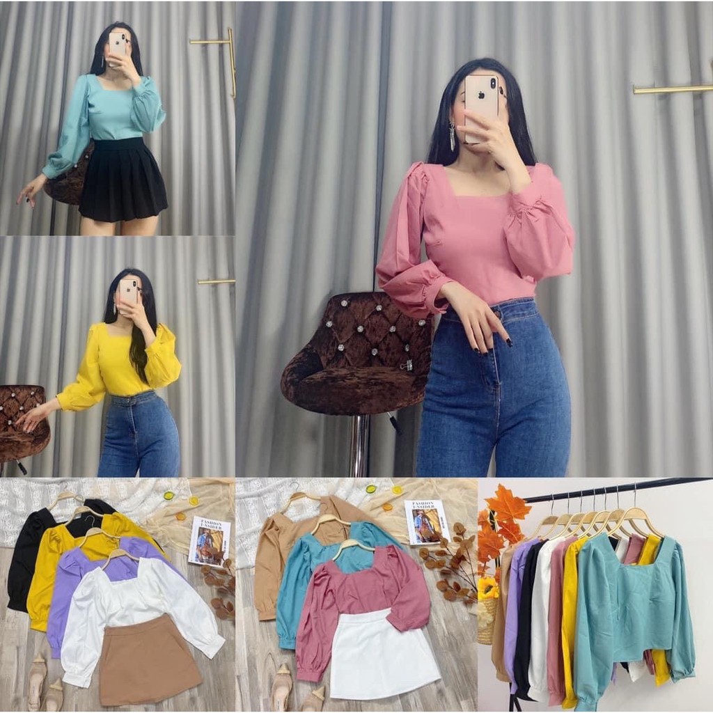 Áo Kiểu Tay Dài Gài Nút Cổ Vuông Nhún Sau Lưng Hot Trend Xinh Xắn TTKXA0001