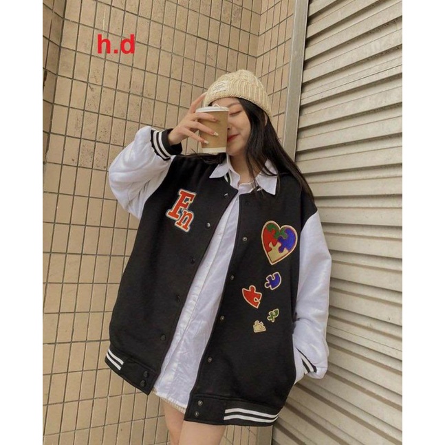 Áo Khoác Bomber FN Tim cúc bấm nam nữJacket Unisex Chất nỉ vs gió Form &lt;60kgÁo Bóng Chày Phong cách Thể thao