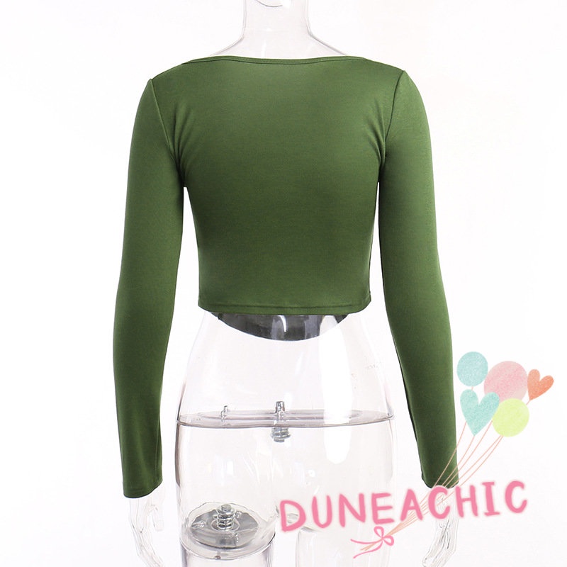 Áo croptop DUNEA dệt kim tay dài cổ vuông màu trơn xinh xắn thời trang cho nữ