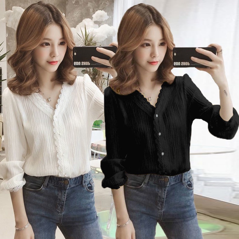 Áo sơ mi chiffon tay dài cổ chữ V dáng rộng thời trang mới cho nữ