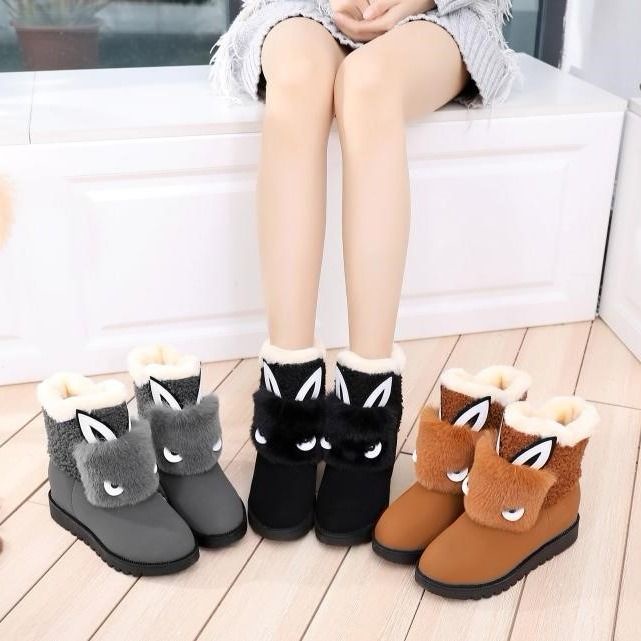 Giày bốt đi tuyết cổ trung phối cotton và cashmere chống trượt chống thấm nước thời trang mùa đông Hàn Quốc mới cho nữ 2021