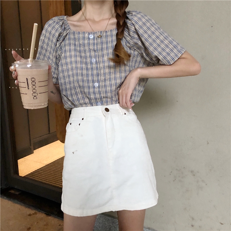 Áo Kiểu Cổ Vuông Tay Phồng Kẻ Sọc Thời Trang Mùa Hè Cho Nữ